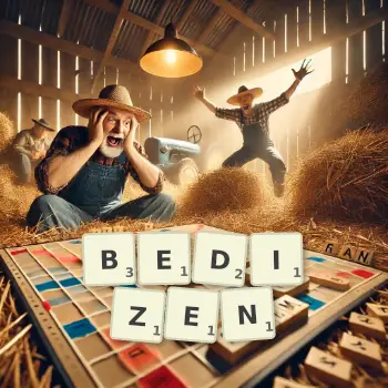 Creative illustration for a Scrabble game with the word BEDIZEN spelled out in tiles on the board.