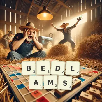 Creative illustration for a Scrabble game with the word BEDLAMS spelled out in tiles on the board.