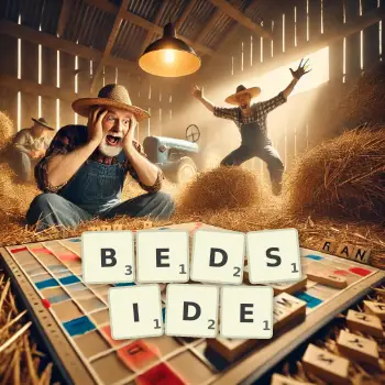 Creative illustration for a Scrabble game with the word BEDSIDE spelled out in tiles on the board.