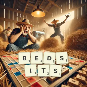Creative illustration for a Scrabble game with the word BEDSITS spelled out in tiles on the board.
