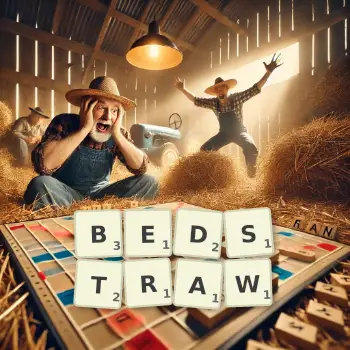 Creative illustration for a Scrabble game with the word BEDSTRAW spelled out in tiles on the board.