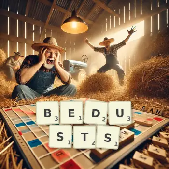 Creative illustration for a Scrabble game with the word BEDUSTS spelled out in tiles on the board.