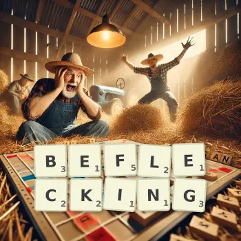 Creative illustration for a Scrabble game with the word BEFLECKING spelled out in tiles on the board.