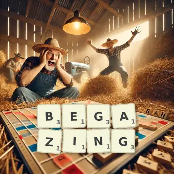 Creative illustration for a Scrabble game with the word BEGAZING spelled out in tiles on the board.