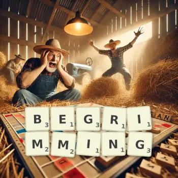Creative illustration for a Scrabble game with the word BEGRIMMING spelled out in tiles on the board.