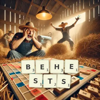 Creative illustration for a Scrabble game with the word BEHESTS spelled out in tiles on the board.