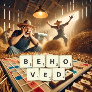 Creative illustration for a Scrabble game with the word BEHOVED spelled out in tiles on the board.