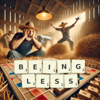 Creative illustration for a Scrabble game with the word BEINGLESS spelled out in tiles on the board.
