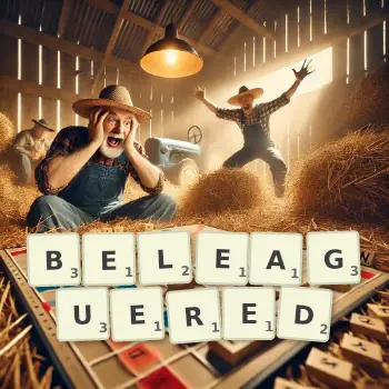 Creative illustration for a Scrabble game with the word BELEAGUERED spelled out in tiles on the board.