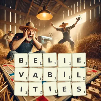 Creative illustration for a Scrabble game with the word BELIEVABILITIES spelled out in tiles on the board.