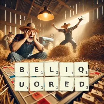 Creative illustration for a Scrabble game with the word BELIQUORED spelled out in tiles on the board.