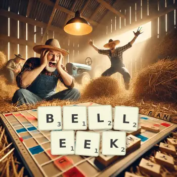Creative illustration for a Scrabble game with the word BELLEEK spelled out in tiles on the board.