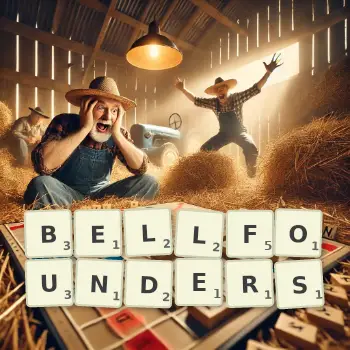 Creative illustration for a Scrabble game with the word BELLFOUNDERS spelled out in tiles on the board.