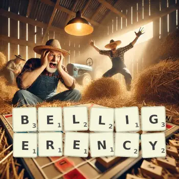 Creative illustration for a Scrabble game with the word BELLIGERENCY spelled out in tiles on the board.