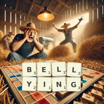 Creative illustration for a Scrabble game with the word BELLYING spelled out in tiles on the board.