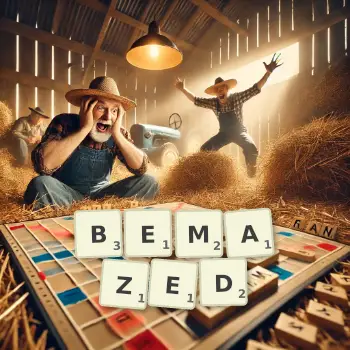 Creative illustration for a Scrabble game with the word BEMAZED spelled out in tiles on the board.