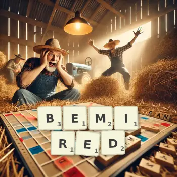 Creative illustration for a Scrabble game with the word BEMIRED spelled out in tiles on the board.
