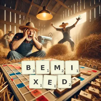 Creative illustration for a Scrabble game with the word BEMIXED spelled out in tiles on the board.