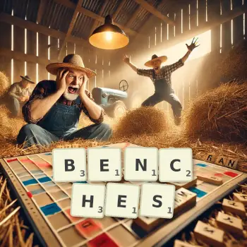 Creative illustration for a Scrabble game with the word BENCHES spelled out in tiles on the board.
