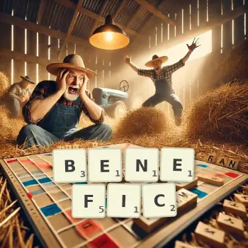 Creative illustration for a Scrabble game with the word BENEFIC spelled out in tiles on the board.
