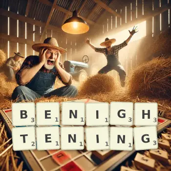 Creative illustration for a Scrabble game with the word BENIGHTENING spelled out in tiles on the board.