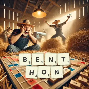 Creative illustration for a Scrabble game with the word BENTHON spelled out in tiles on the board.