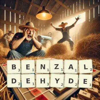 Creative illustration for a Scrabble game with the word BENZALDEHYDE spelled out in tiles on the board.