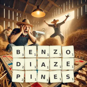 Creative illustration for a Scrabble game with the word BENZODIAZEPINES spelled out in tiles on the board.