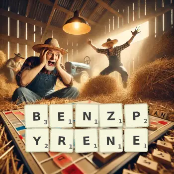 Creative illustration for a Scrabble game with the word BENZPYRENE spelled out in tiles on the board.