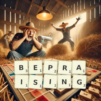 Creative illustration for a Scrabble game with the word BEPRAISING spelled out in tiles on the board.