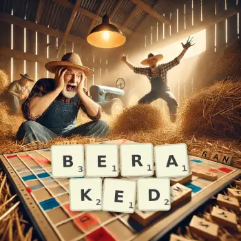 Creative illustration for a Scrabble game with the word BERAKED spelled out in tiles on the board.