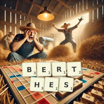 Creative illustration for a Scrabble game with the word BERTHES spelled out in tiles on the board.