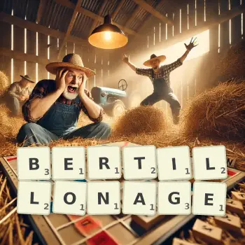 Creative illustration for a Scrabble game with the word BERTILLONAGE spelled out in tiles on the board.