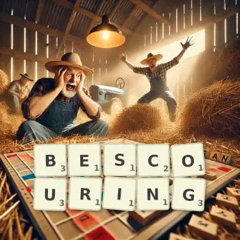 Creative illustration for a Scrabble game with the word BESCOURING spelled out in tiles on the board.