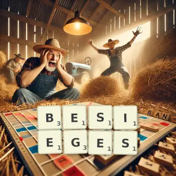 Creative illustration for a Scrabble game with the word BESIEGES spelled out in tiles on the board.
