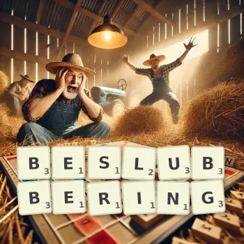 Creative illustration for a Scrabble game with the word BESLUBBERING spelled out in tiles on the board.