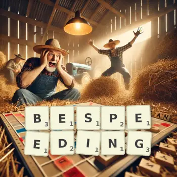 Creative illustration for a Scrabble game with the word BESPEEDING spelled out in tiles on the board.