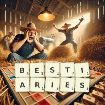 Creative illustration for a Scrabble game with the word BESTIARIES spelled out in tiles on the board.