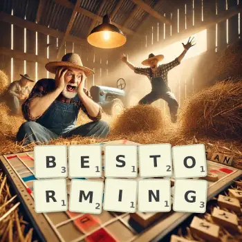 Creative illustration for a Scrabble game with the word BESTORMING spelled out in tiles on the board.