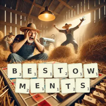 Creative illustration for a Scrabble game with the word BESTOWMENTS spelled out in tiles on the board.