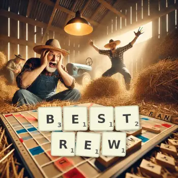 Creative illustration for a Scrabble game with the word BESTREW spelled out in tiles on the board.