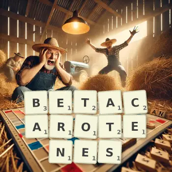 Creative illustration for a Scrabble game with the word BETACAROTENES spelled out in tiles on the board.