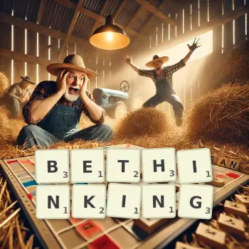 Creative illustration for a Scrabble game with the word BETHINKING spelled out in tiles on the board.