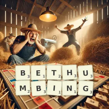 Creative illustration for a Scrabble game with the word BETHUMBING spelled out in tiles on the board.