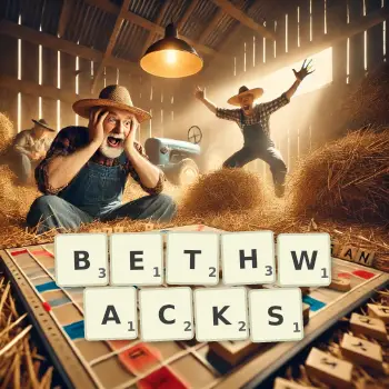 Creative illustration for a Scrabble game with the word BETHWACKS spelled out in tiles on the board.