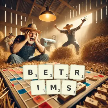 Creative illustration for a Scrabble game with the word BETRIMS spelled out in tiles on the board.