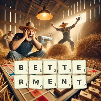 Creative illustration for a Scrabble game with the word BETTERMENT spelled out in tiles on the board.
