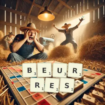 Creative illustration for a Scrabble game with the word BEURRES spelled out in tiles on the board.