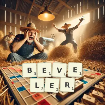 Creative illustration for a Scrabble game with the word BEVELER spelled out in tiles on the board.