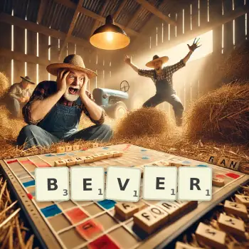 Creative illustration for a Scrabble game with the word BEVER spelled out in tiles on the board.